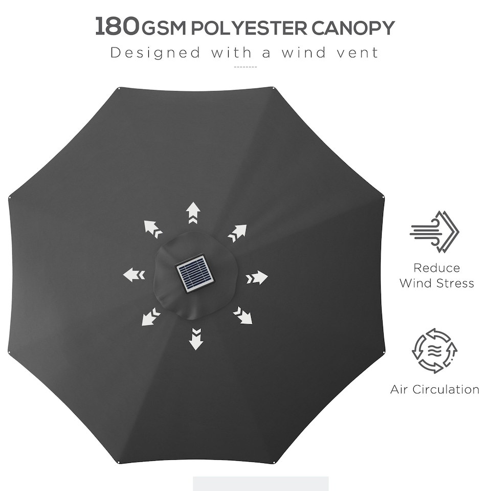image 1 of Outsunny Solar Patio Garden Parasol with Lights, Charcoal Grey