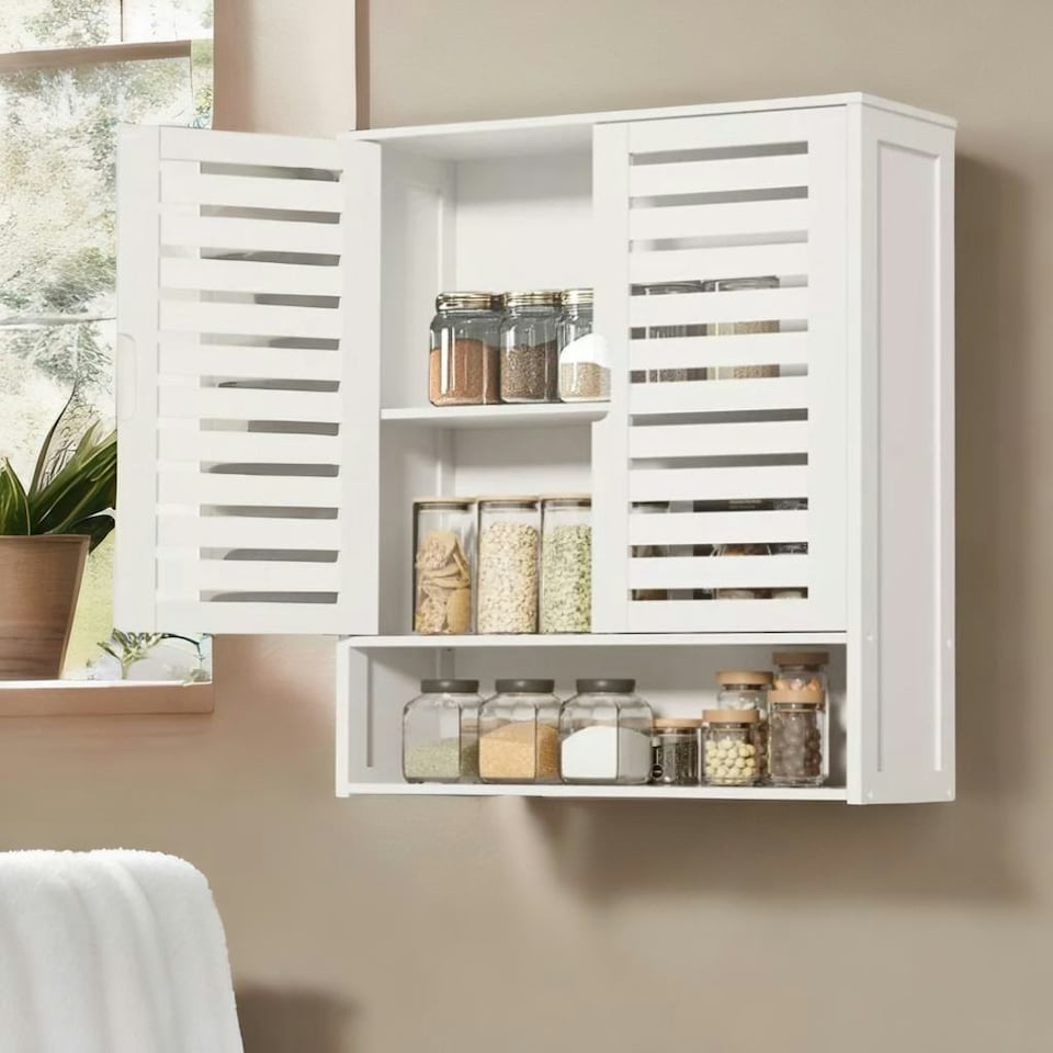 image 1 of Wooden Bathroom Wall Storage Cabinet Organiser White White