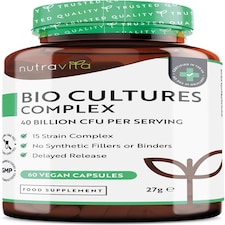 Nutravita Super Strength 40 Billion CFU Bio Cultures Complex with 15 Live Strains - Digestive Enzyme Supplement for Men & Women - 60 Vegan Capsules