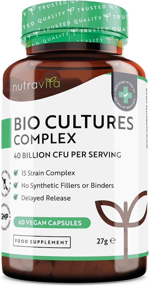 image 1 of Nutravita Super Strength 40 Billion CFU Bio Cultures Complex with 15 Live Strains - Digestive Enzyme Supplement for Men & Women - 60 Vegan Capsules