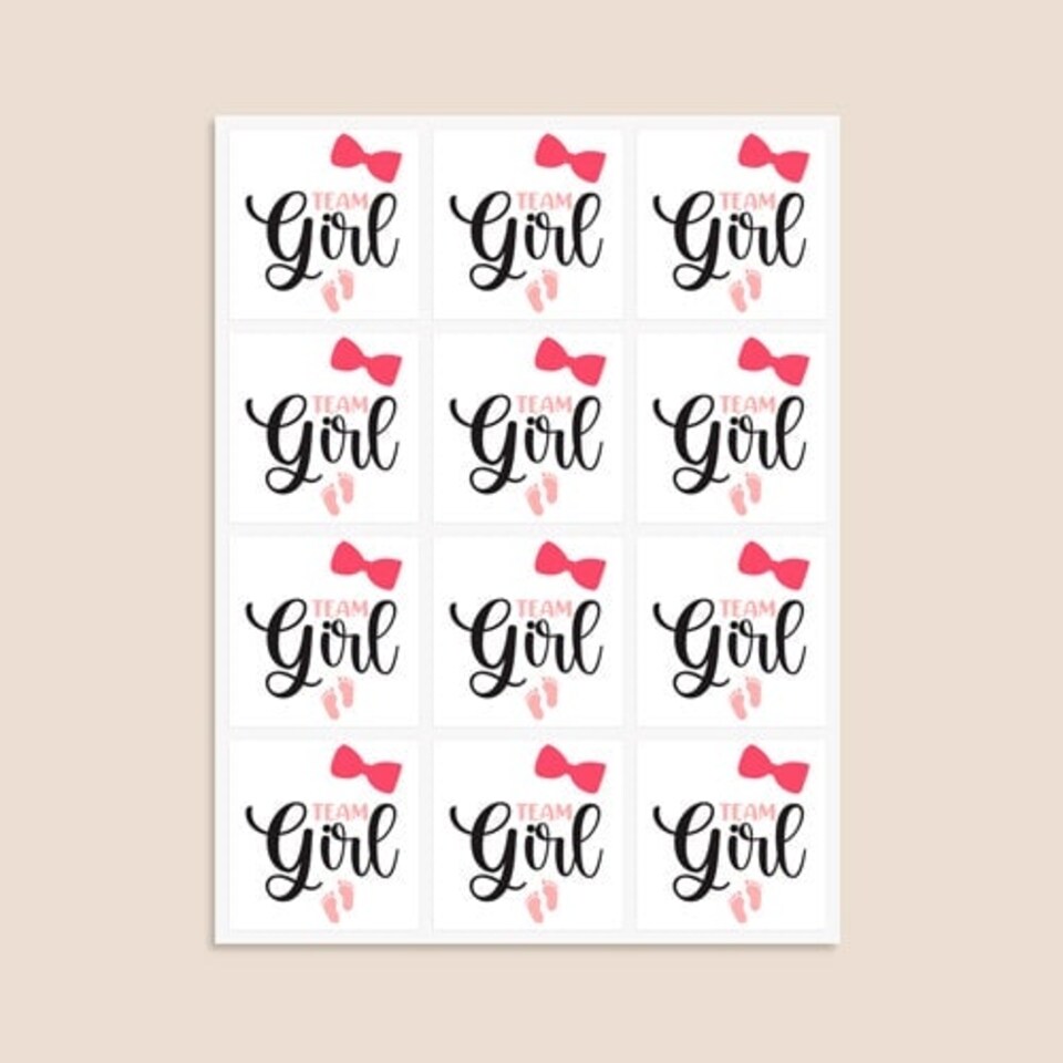 image 1 of Team Girl Gender Reveal Square Stickers 65mm - Sheet of 12