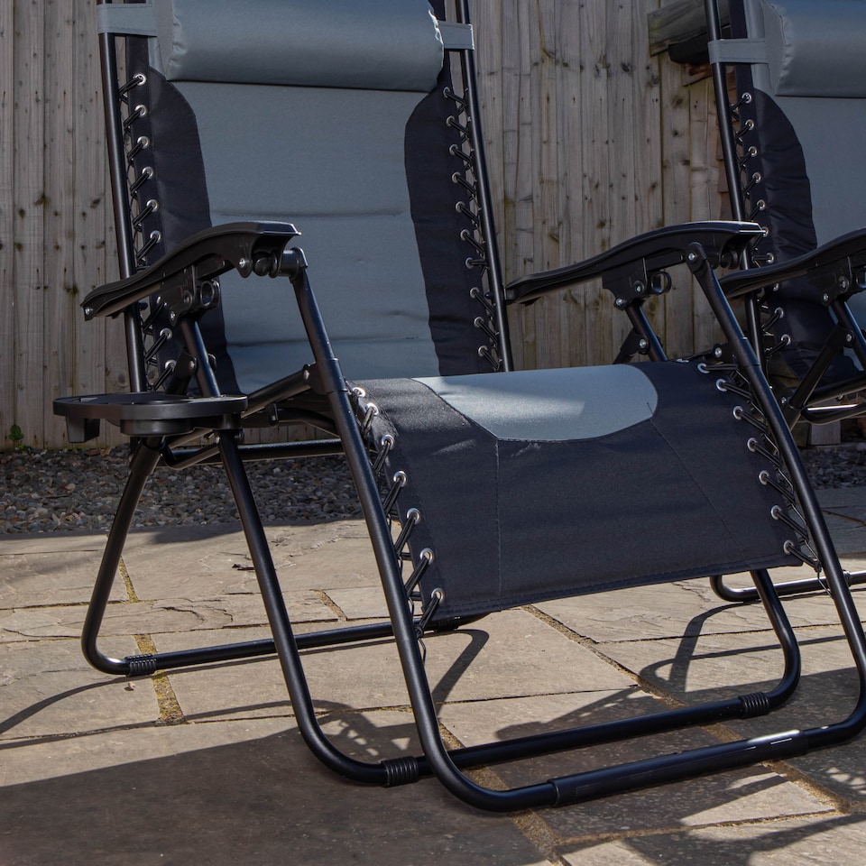 image 1 of Set of 2 Luxury Padded Multi Position Zero Gravity Garden Relaxer Chair Lounger in Grey & Black