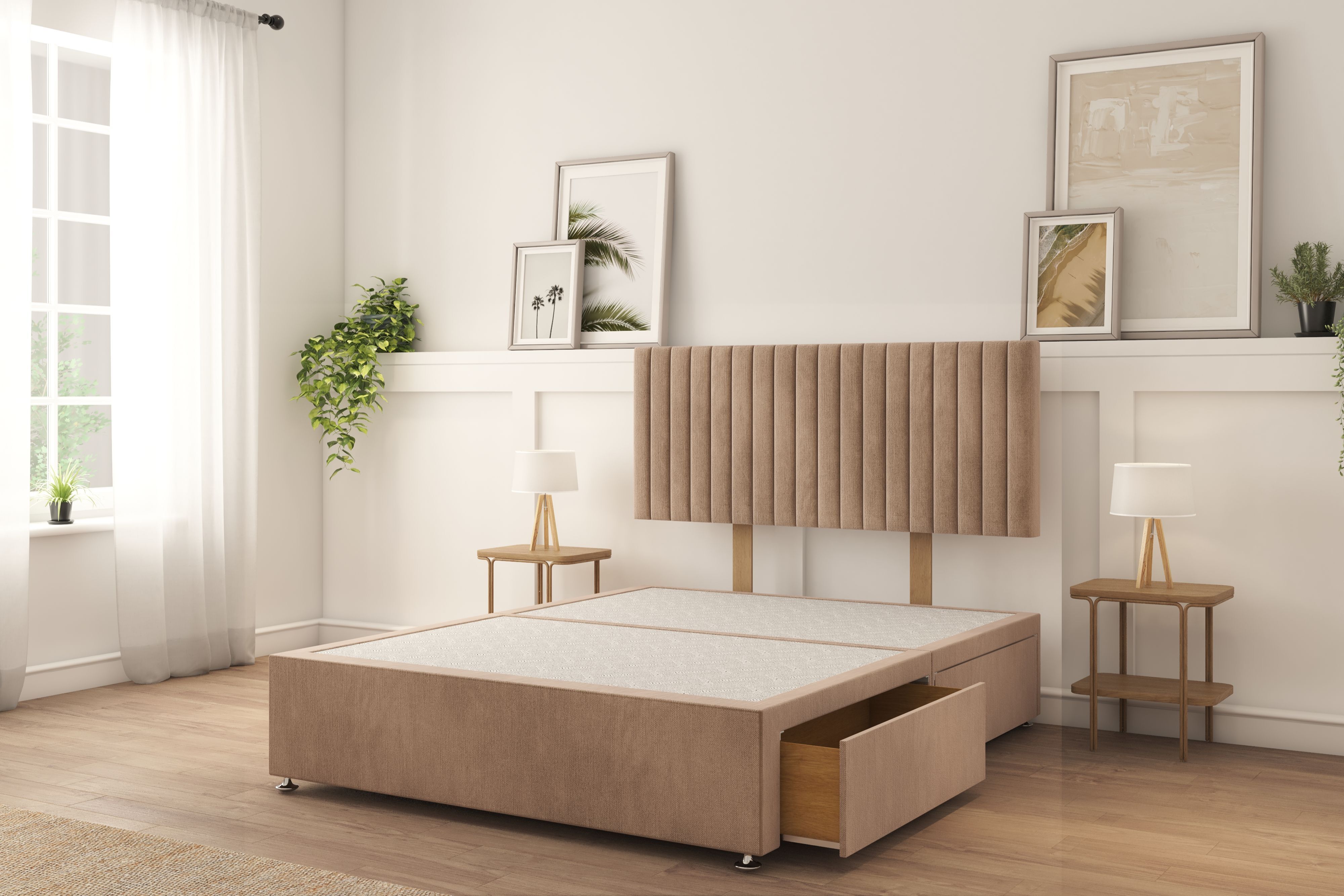 Sloomy Manhattan Mink Naples Divan Bed Base 2 Drawers Same Side With 26" Strutted Headboard 4'6 Double
