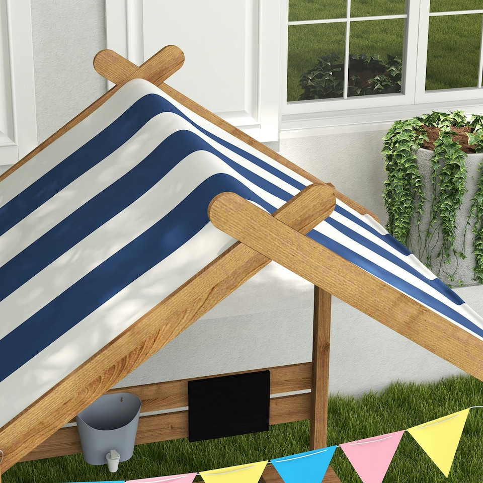 image 1 of Outsunny Sand Pit with Canopy, Blackboard, Toys, Sink, Seats, Flags for Kids