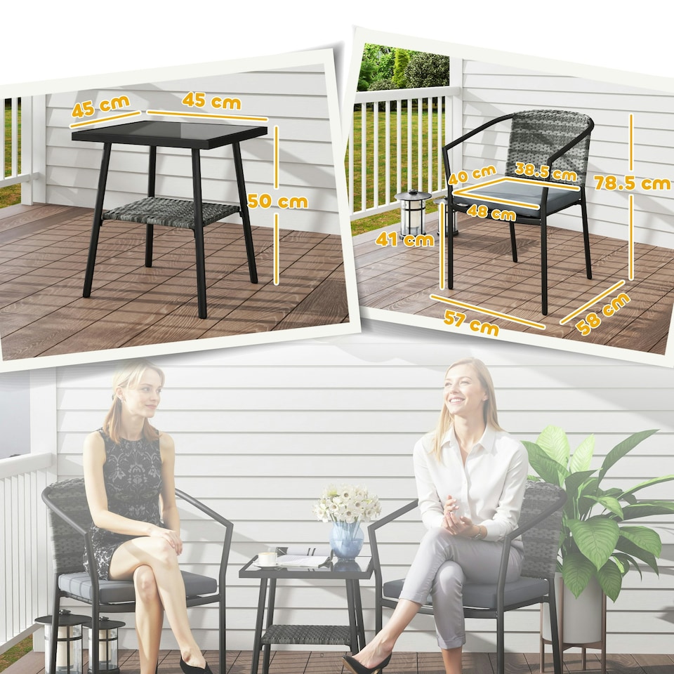image 1 of Outsunny 3 PCS Rattan Bistro Set with Cushions Coffee Table and Chairs