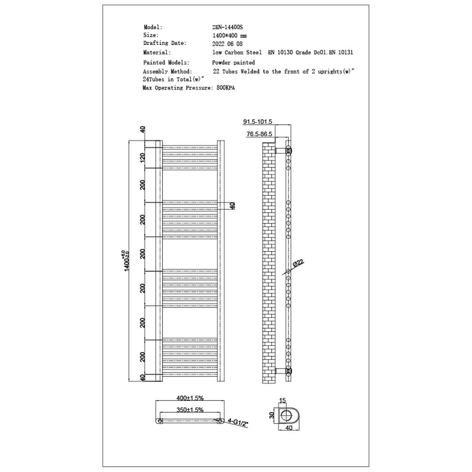 image 1 of Zennor Straight Heated Towel Rail Bathroom Radiator - Black - (H) 1400mm x (W) 400mm