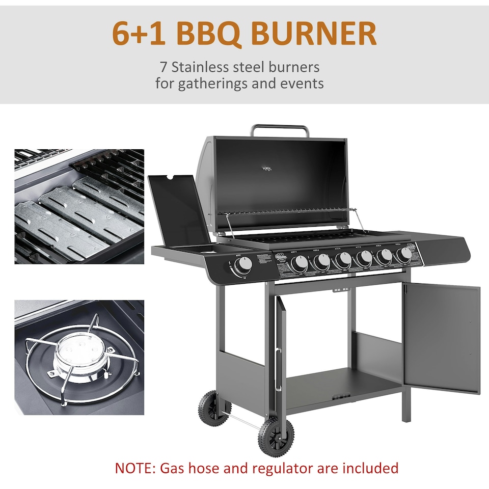 image 1 of Outsunny 6+1 Burner Gas BBQ Grill Garden Barbecue with Wheels, Cabinet Grey