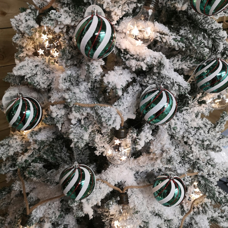 image 1 of Box of 12 8cm Green with White and Red Glitter Shatterproof Christmas Bauble Decoration in PDQ