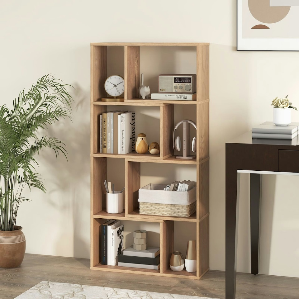 image 1 of COSTWAY 5-Tier Geometric Bookshelf Bookcase Organizer Natural Brown