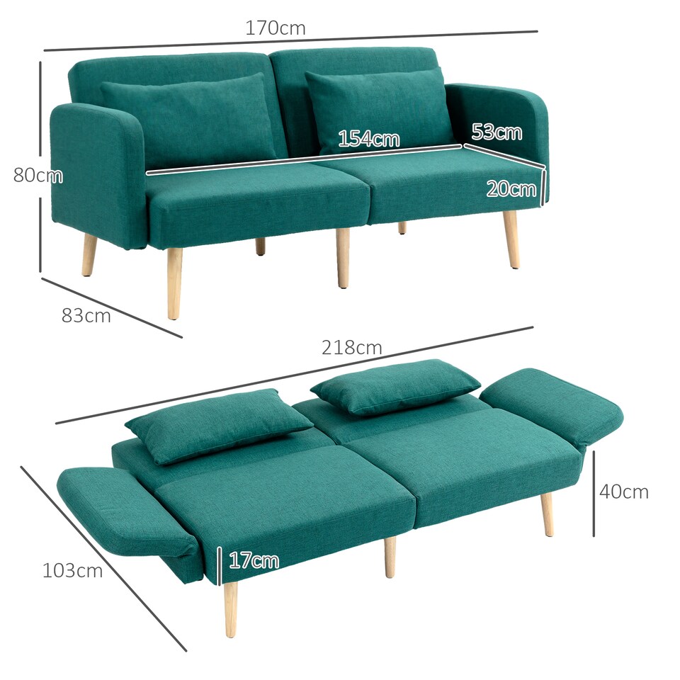image 1 of HOMCOM Click Clack Sofa Bed, 3 Seater Sofa, Convertible Bed Settee, Modern Fabric Loveseat Sofa Couch with 2 Cushions for Living Room, Guest Room, Green