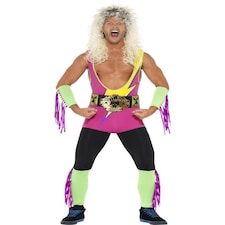 Retro Wrestler Costume - Multi-Coloured - with Bodysuit - Belt - Arm & Leg Cuffs - 27561XL
