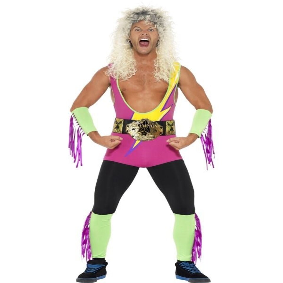 Retro Wrestler Costume - Multi-Coloured - with Bodysuit - Belt - Arm & Leg Cuffs - 27561XL