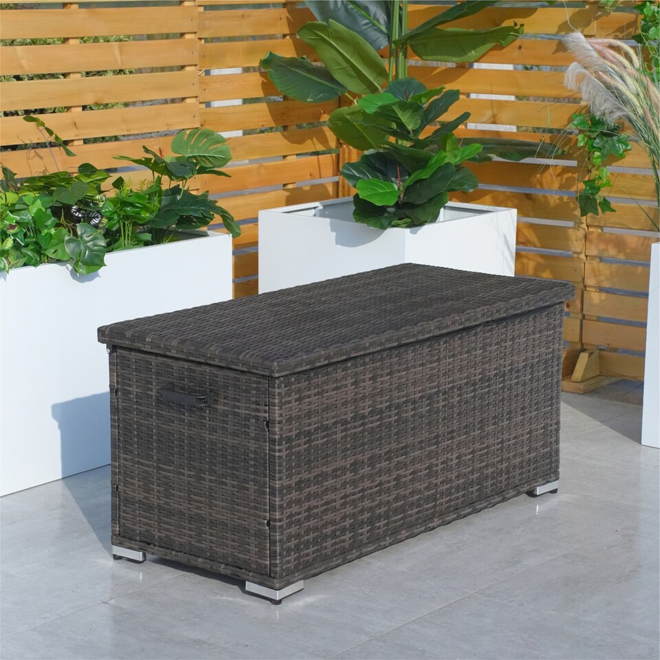 image 1 of Direct Wicker 243L Outdoor Garden Rattan Storage Box, Small Deck Storage Box for Patio, Yard | Brown
