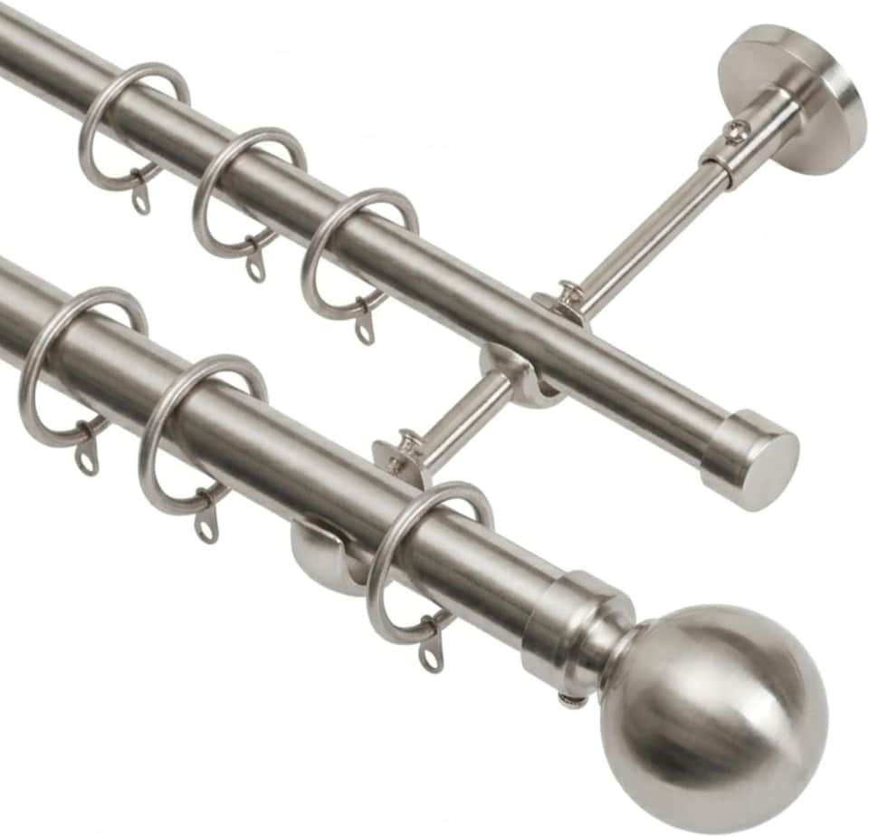 image 1 of Lister Cartwright Double Curtain Extendable Pole Set with Polished Steel Ball Finials- 19mm & 28mm Metal Poles(120- 320 cm)