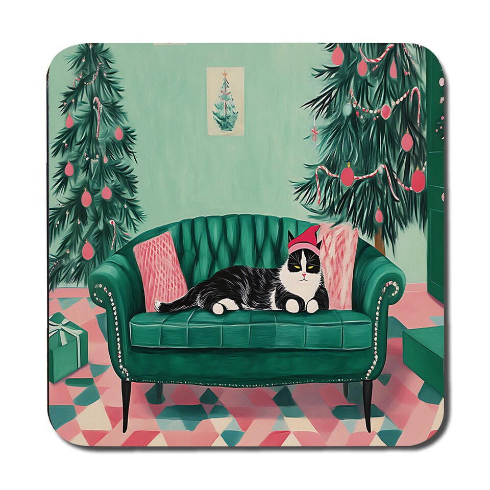 image 1 of Christmas Cat Sofa Placemat and Coaster Set With Festive Trees