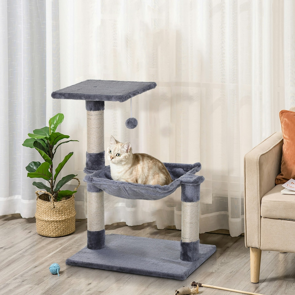 image 1 of PawHut Cat Tree Scratch Post with Bed Hammock Sisal for Indoor Cats Grey