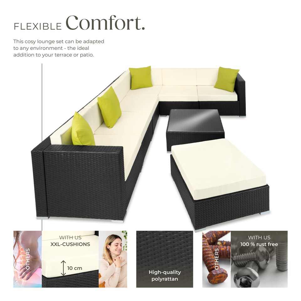 image 1 of Garden Furniture Set Marbella - 7 seater outdoor corner sofa, table, thick cushions | Black | black | 74 x 74 x 36 cm | 1