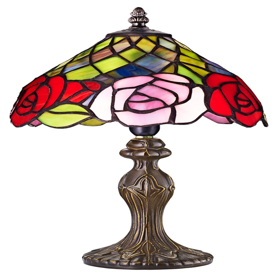 image 1 of Red and Pink Rose Decorated Stained Glass Tiffany Lamp | Red