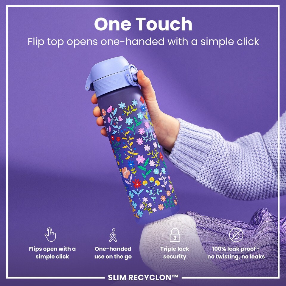 image 1 of Leak Proof Slim Water Bottle, BPA Free, 500ml (18oz) | Purple | Delicate Floral | One Size