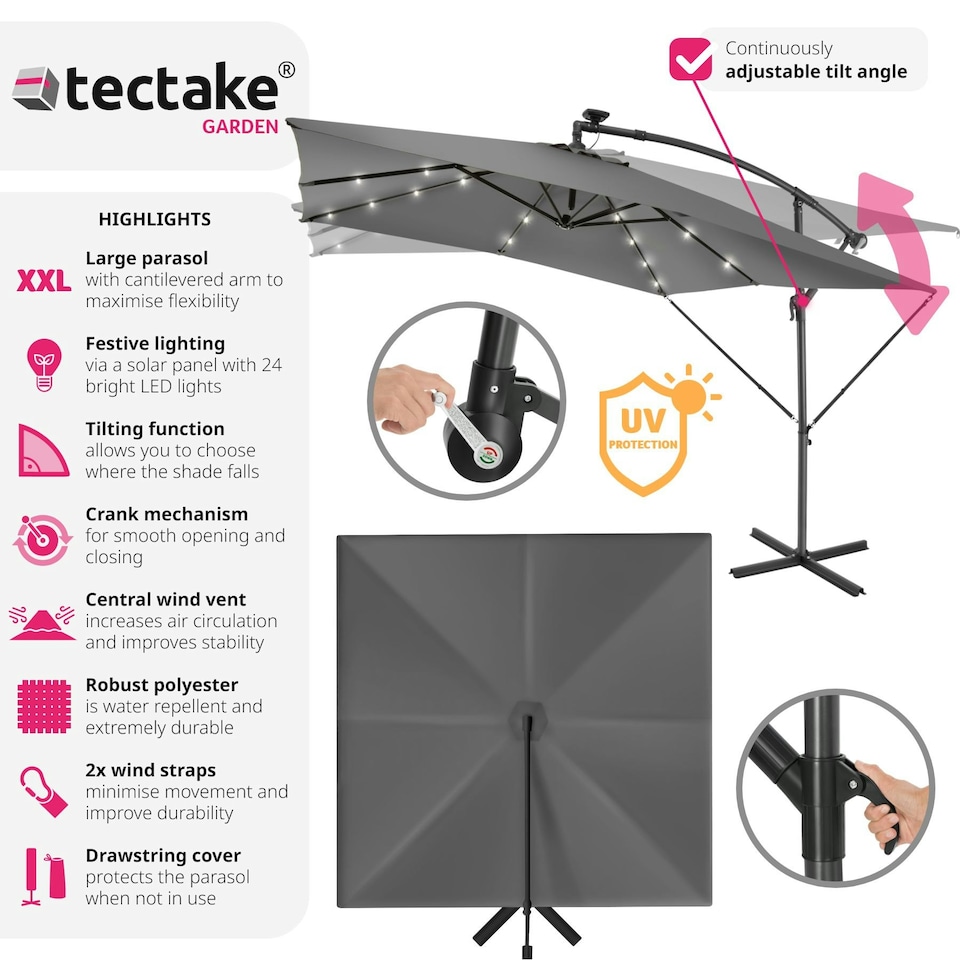 image 1 of Parasol Sunna - 250 x 250 cm with LED solar lighting, with protective cover Grey | Light Grey