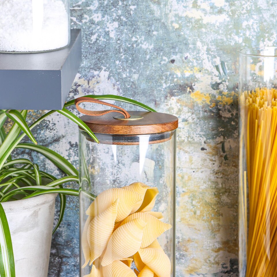 image 1 of Argon Tableware Glass Storage Jars - Leather Loop Lid - 1.5 Litre - Modern Round Scandi Organisation Container Glass Jar Set of 3