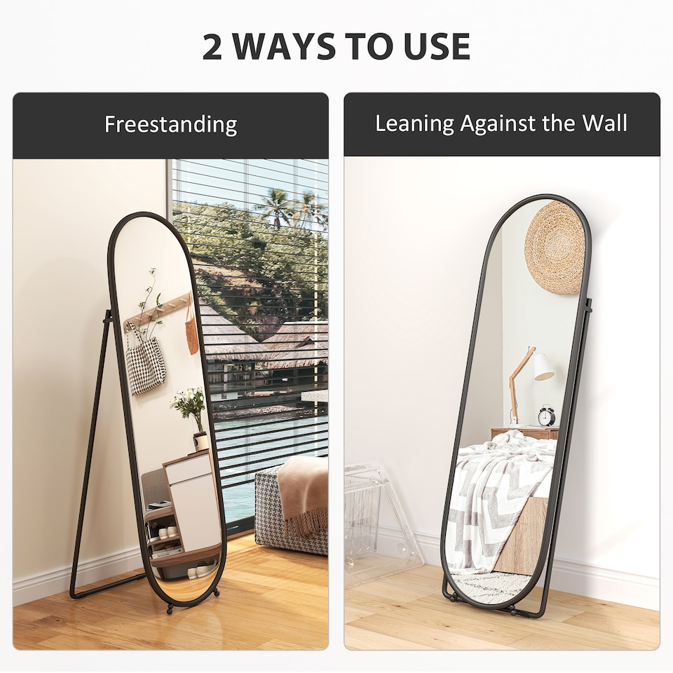 image 1 of HOMCOM 40 160cm Full Length Mirror, Floor Standing or Leaning Against Wall Tall Mirror with Support Frame, Oval Full Body Mirror for Bedroom, Living Room, Black