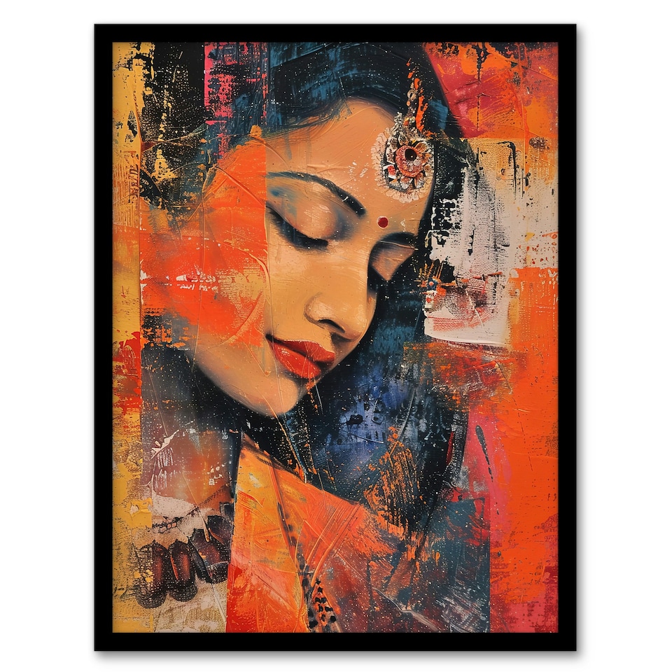 image 1 of Young Indian Woman Portrait Modern Beauty Black Framed Wall Art Print A4
