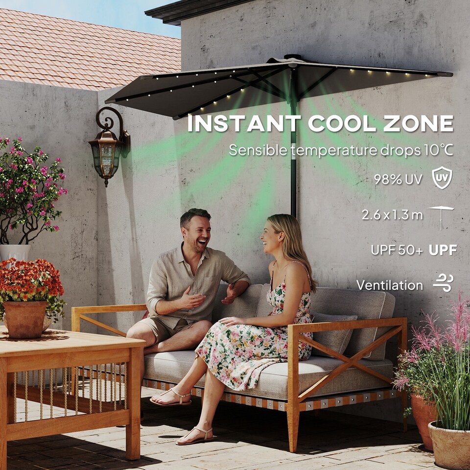 image 1 of Outsunny 2.6 m Half Parasol with Solar Lights, UPF50+ Semi Round Umbrella | Grey | Dark Grey | 265 x 135 x 239 cm