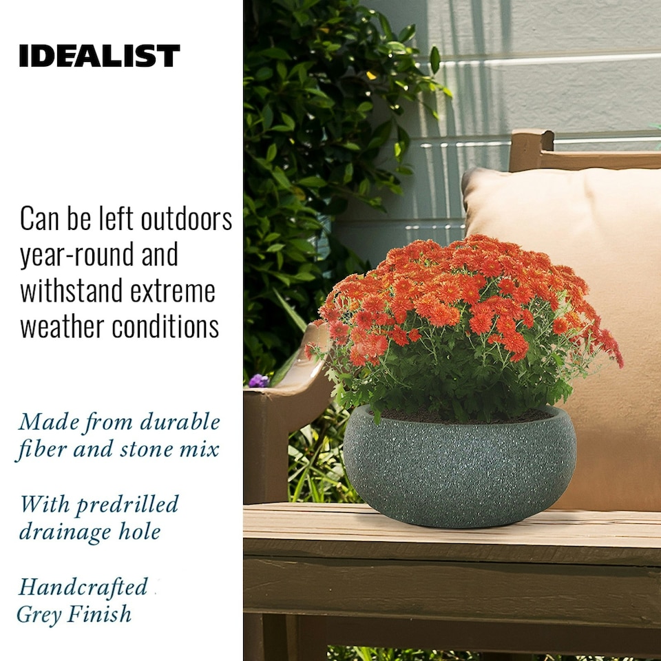 image 1 of Textured Concrete Effect Grey Bowl Outdoor Garden Planter D30 H14 cm, 9.9 ltrs Cap.