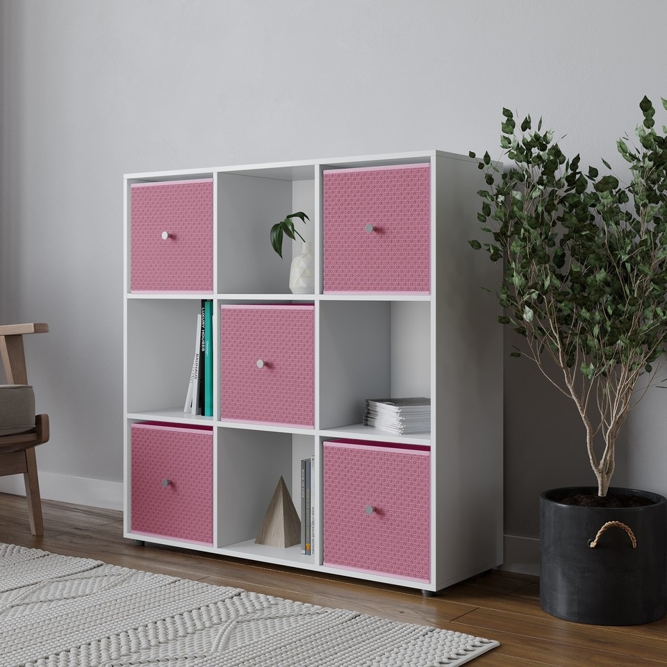 image 1 of 9 Cube Wooden Bookcase Shelving Unit with 5 Collapsible Fabric Drawers | Multi | White & Pastel Pink | 1