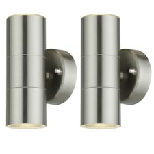 First Choice Lighting Set of 2 Blaze Stainless Steel Outdoor Up Down Wall Lights Silver | Clear