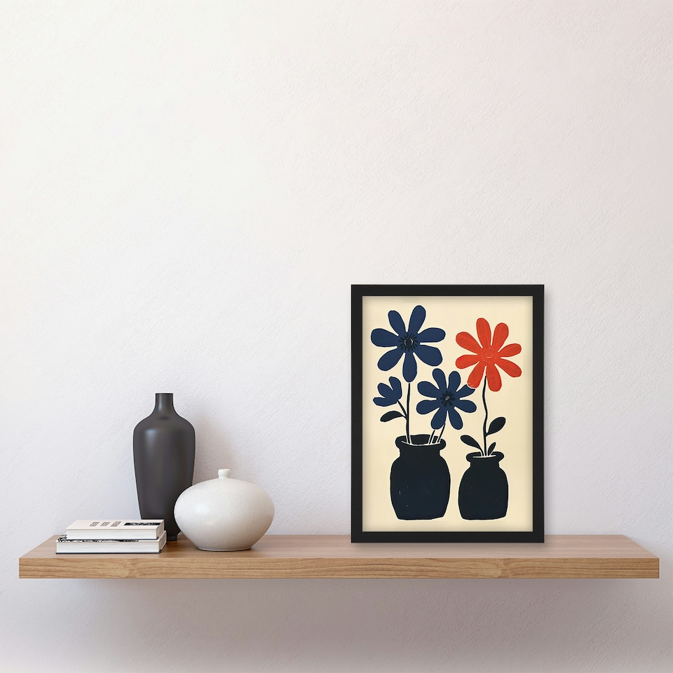 image 1 of Simple Red Daisy Flowers Pots Folk Art Mattise Black Framed Wall Art Print A4