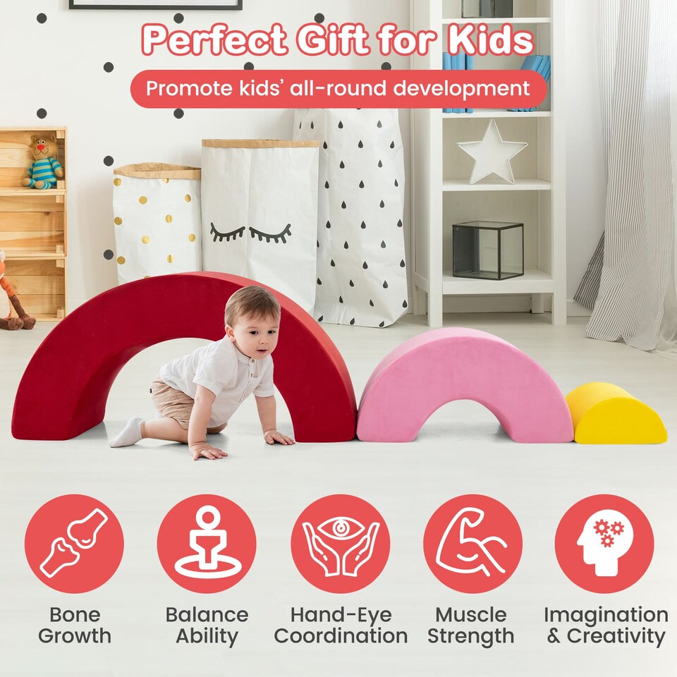 image 1 of COSTWAY 3 Piece Toddlers Climbing Toy Indoor Soft Play Equipment Playset-Red