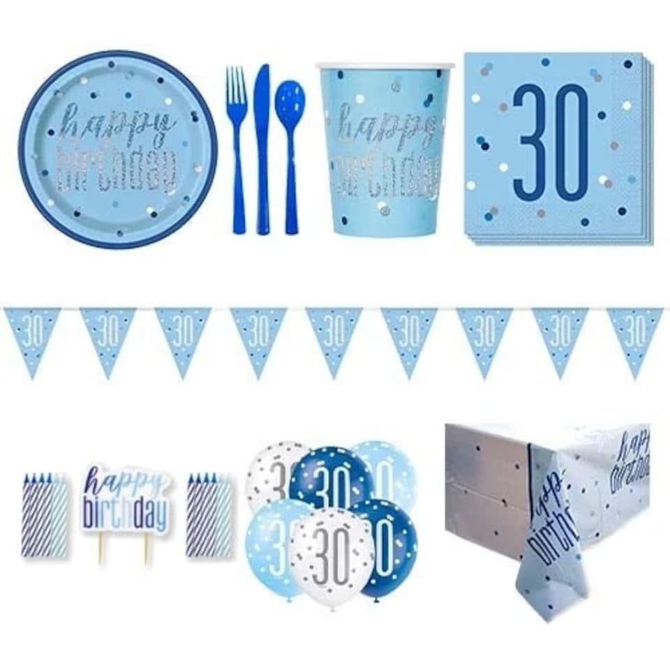 Blue Glitz 30th Birthday 8 Person Deluxe Party Pack