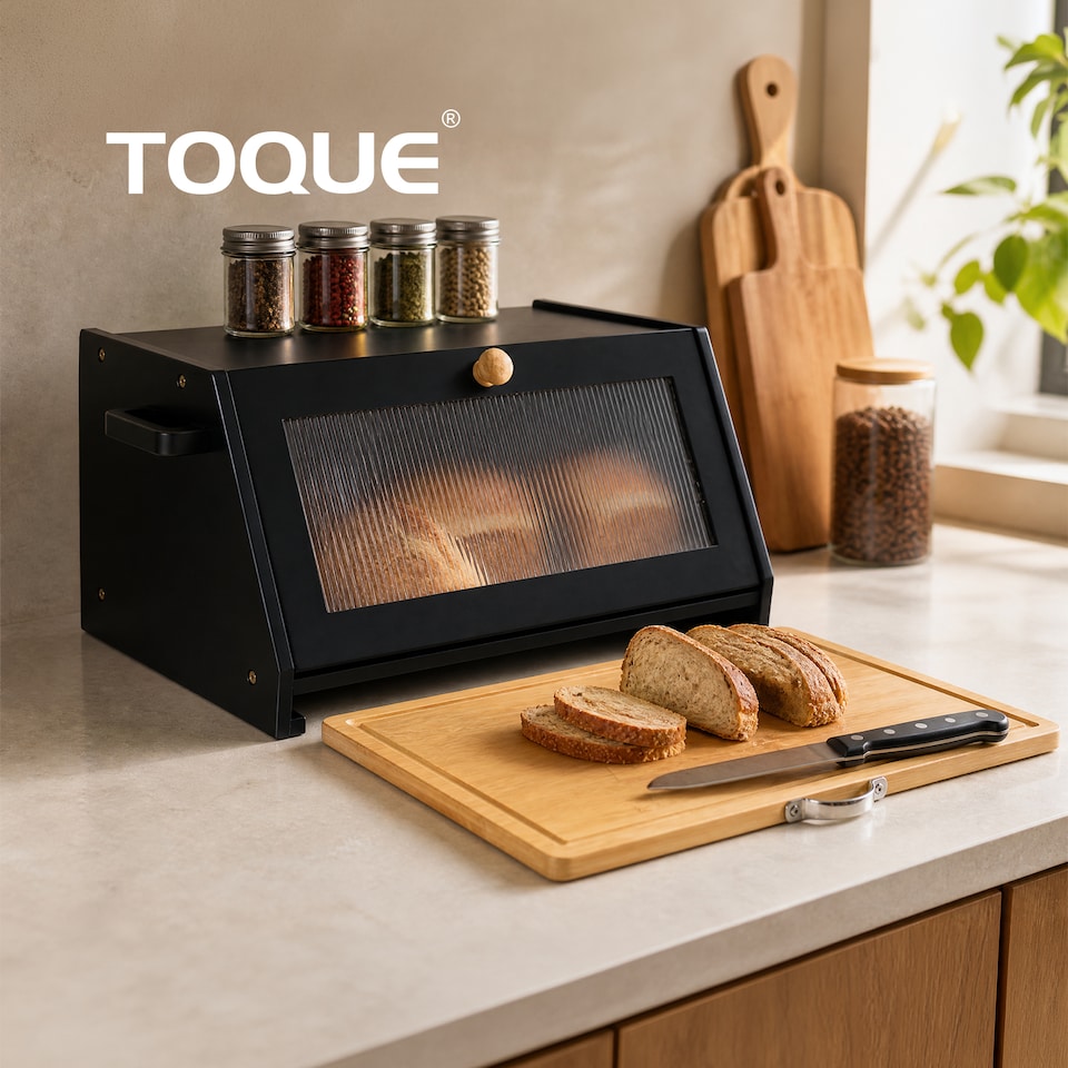 image 1 of TOQUE Bread Box, Wooden Bread Bin 2-Tier Bamboo Bread Storage Holder, Black