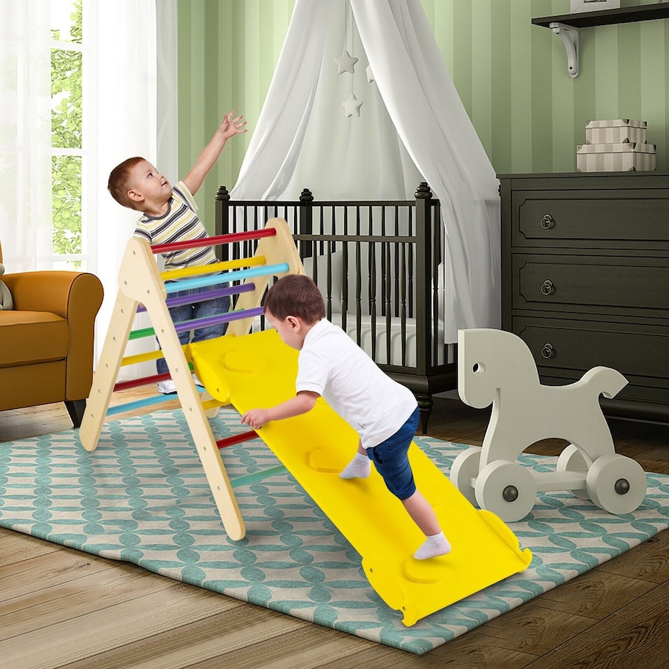 image 1 of COSTWAY 2-in-1 Triangle Climbing Set Wooden Toddler Climbing Triangle Ladder