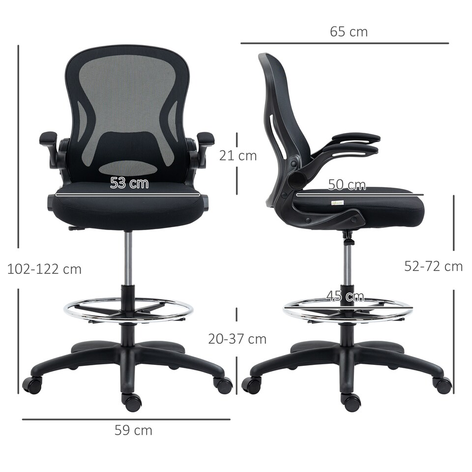 image 1 of Vinsetto Drafting Chair, Ergonomic Tall Office Chair with Flip-up Armrests, Mesh Back, Lumbar Support, Adjustable Height and Foot Ring, Swivel Wheels, for Standing Desk, Black