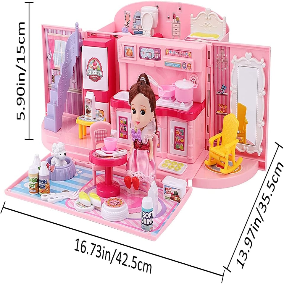 image 1 of Children’s 2 In 1 Pink Portable Hand Bag Style Carrycase Doll House Play Set with Light & Sound Functions