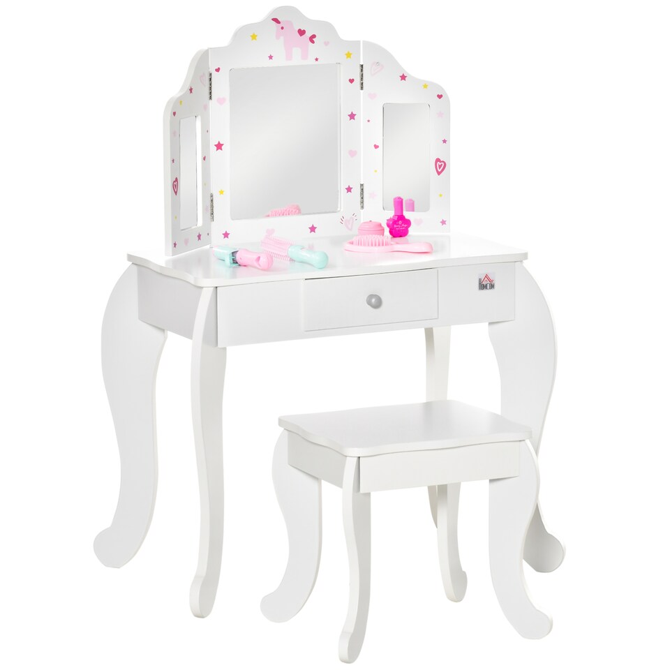 image 1 of HOMCOM Makeup Dressing Table Set with Tri-Folding Mirror and Drawer, White | White