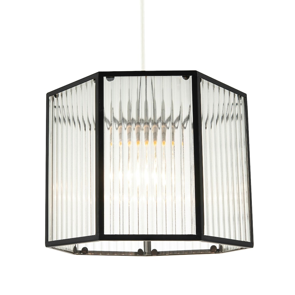 image 1 of Vintage Industrial Lantern Pendant Shade in Black with Ribbed Glass Black