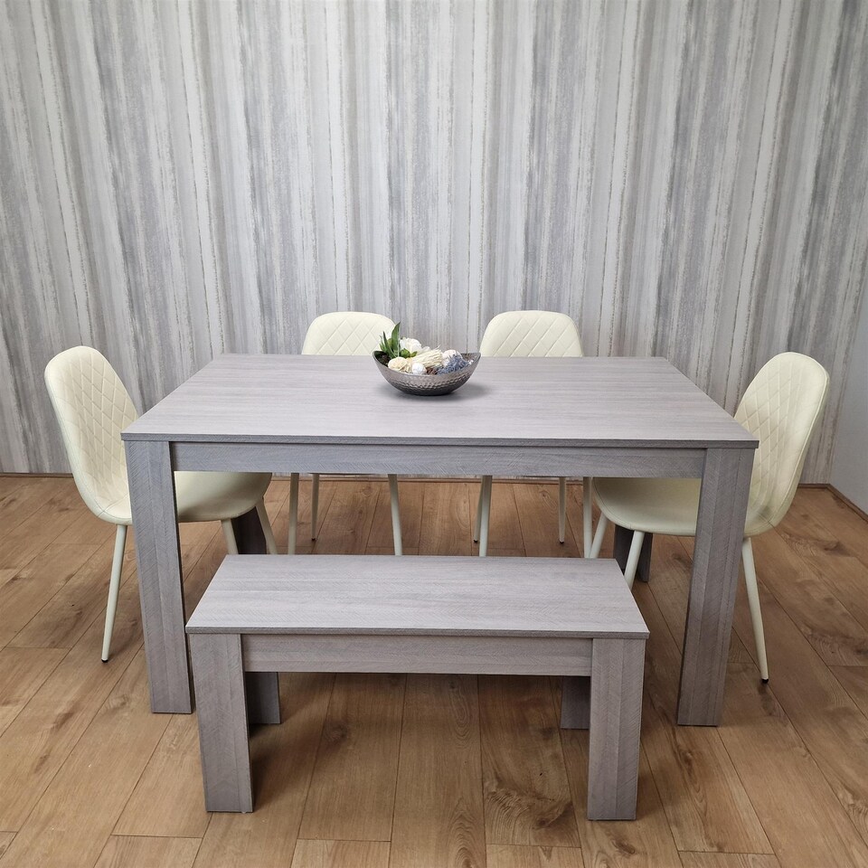 image 1 of Modern Grey Rectangle Dining Table Set With 4 Cream Gem Chairs And 1 Bench Dining Room Furniture | Cream | One Size | 6