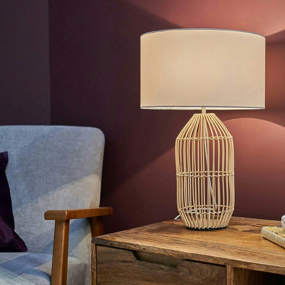 image 1 of ValueLights Natural Table Lamp Drum White Shade