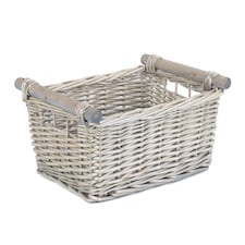 Small Grey Wash Wooden Handled Storage Basket | Grey | Grey