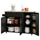 image 9 of VILUXE Mobile Kitchen Island with Foldable Worktop, Drawer, Adjustable Cabinets, 3 Door Spice Racks, Towel Rail and 5 Wheels, Black and Natural Wood