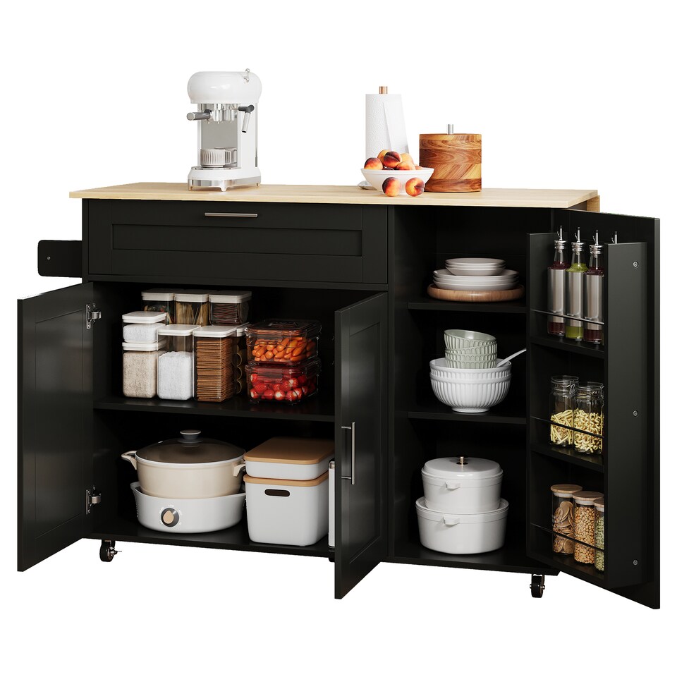 image 1 of VILUXE Mobile Kitchen Island with Foldable Worktop, Drawer, Adjustable Cabinets, 3 Door Spice Racks, Towel Rail and 5 Wheels, Black and Natural Wood