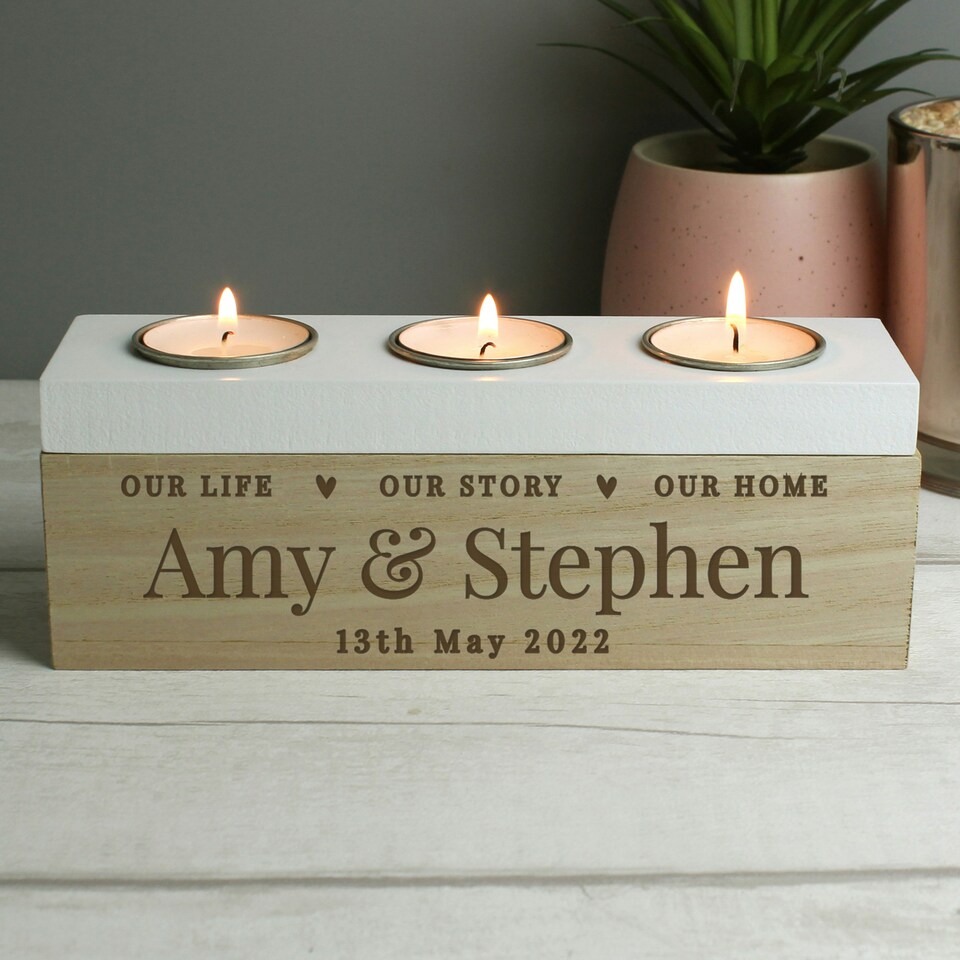 image 1 of Personalised Our Life Story & Home Triple Tea Light Box Brown