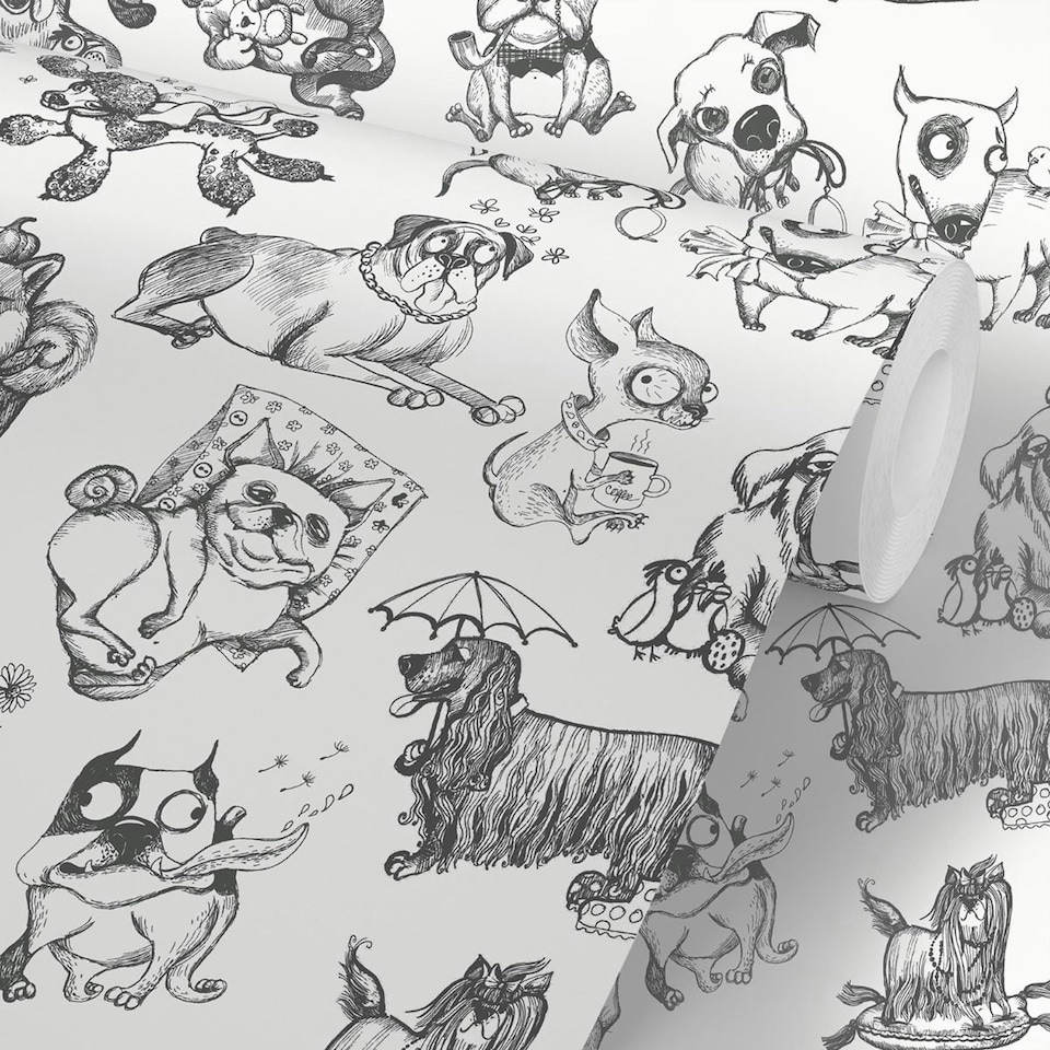 image 1 of Muriva Pooches Mono Wallpaper - Black/White - 10m x 52cm | Black