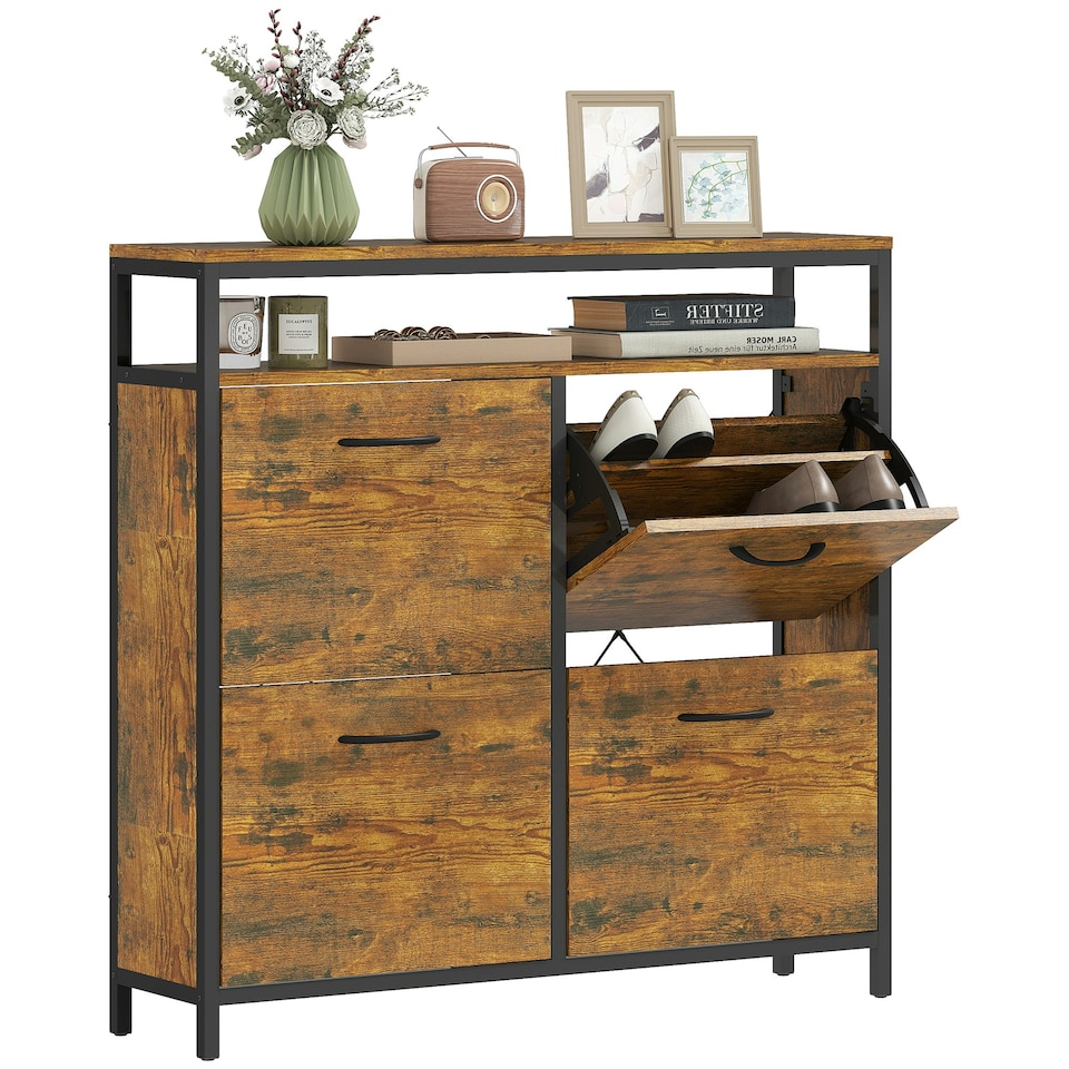 image 1 of HOMCOM Shoe Cabinet with 4 Flip Drawers, Holds 12-20 Pairs Brown | 98W x 24D x 95H cm