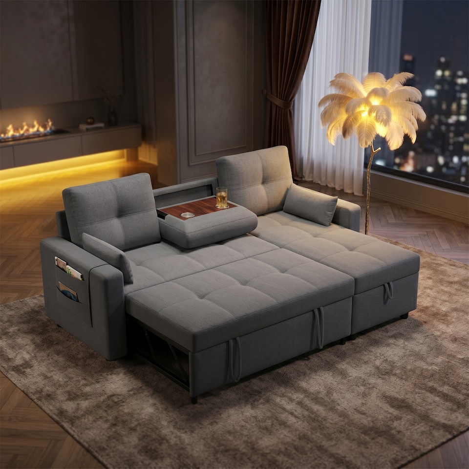 image 1 of FENCHILIN Sofa Bed with Pull-Out Sleeper Reversible Chaise Drop-Down Cup Holder Side Pockets Grey