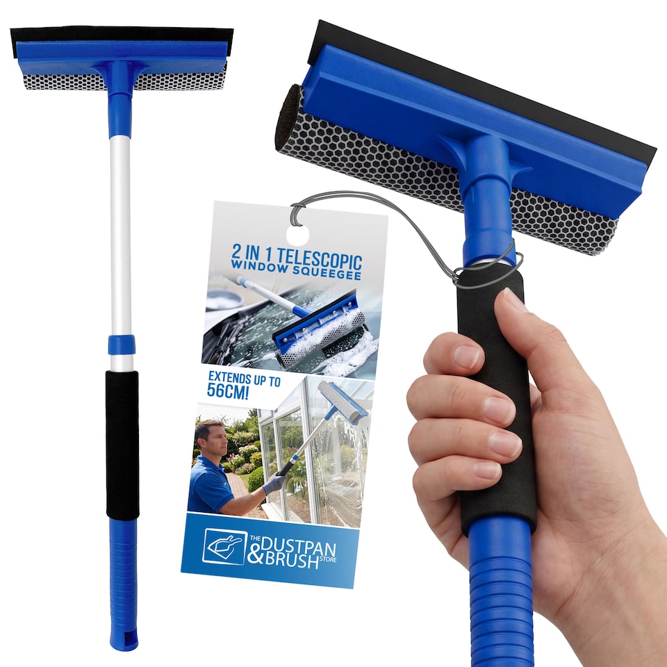 image 1 of Telescopic 2-in-1 Window Squeegee Extendable Glass Cleaner with Sponge Scrubber